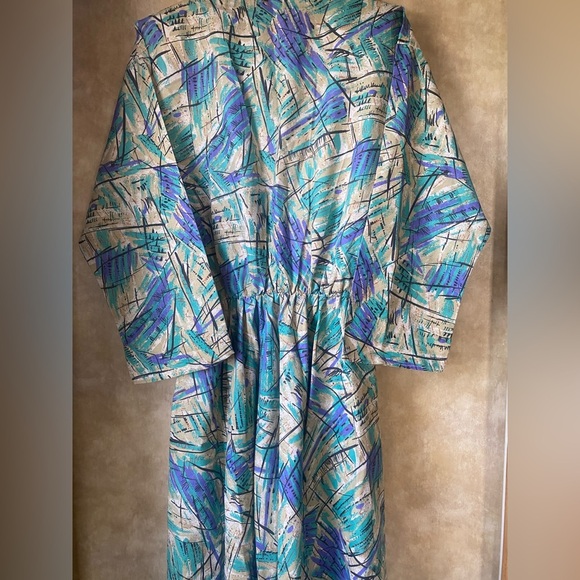 Caliche All Over Print Dress Vintage 80s 3/4 Sleeve Pockets Collared Funky - Picture 11 of 14